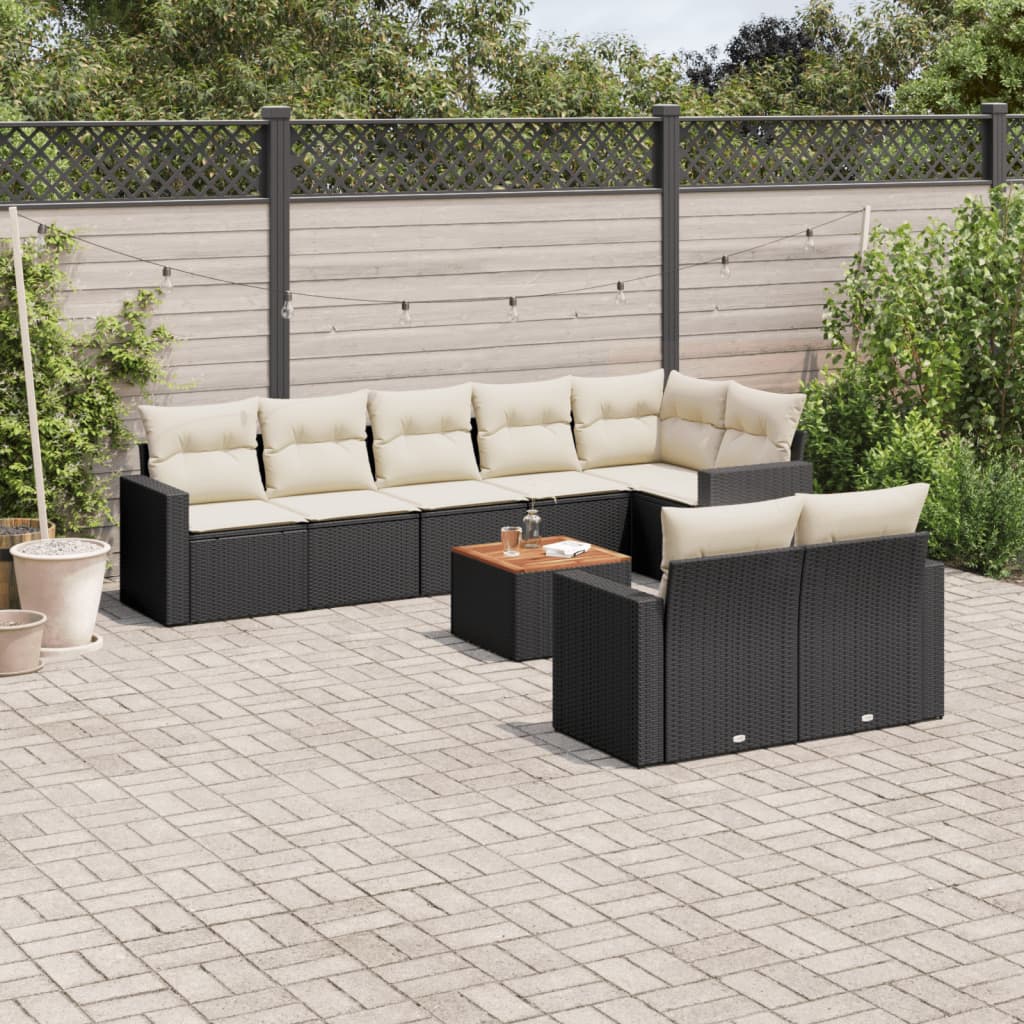 Garden furniture set with cushions, 9 pieces, black, polyrattan