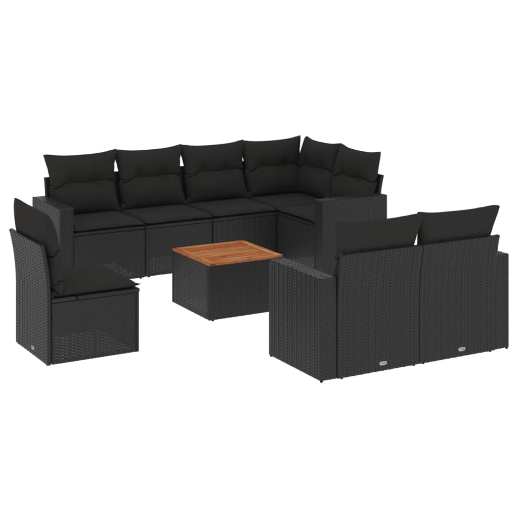 Set mobilier de grădină cu perne, 9 piese, negru, poliratan