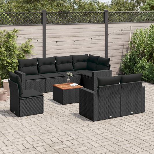 Garden furniture set with cushions, 9 pieces, black, polyrattan