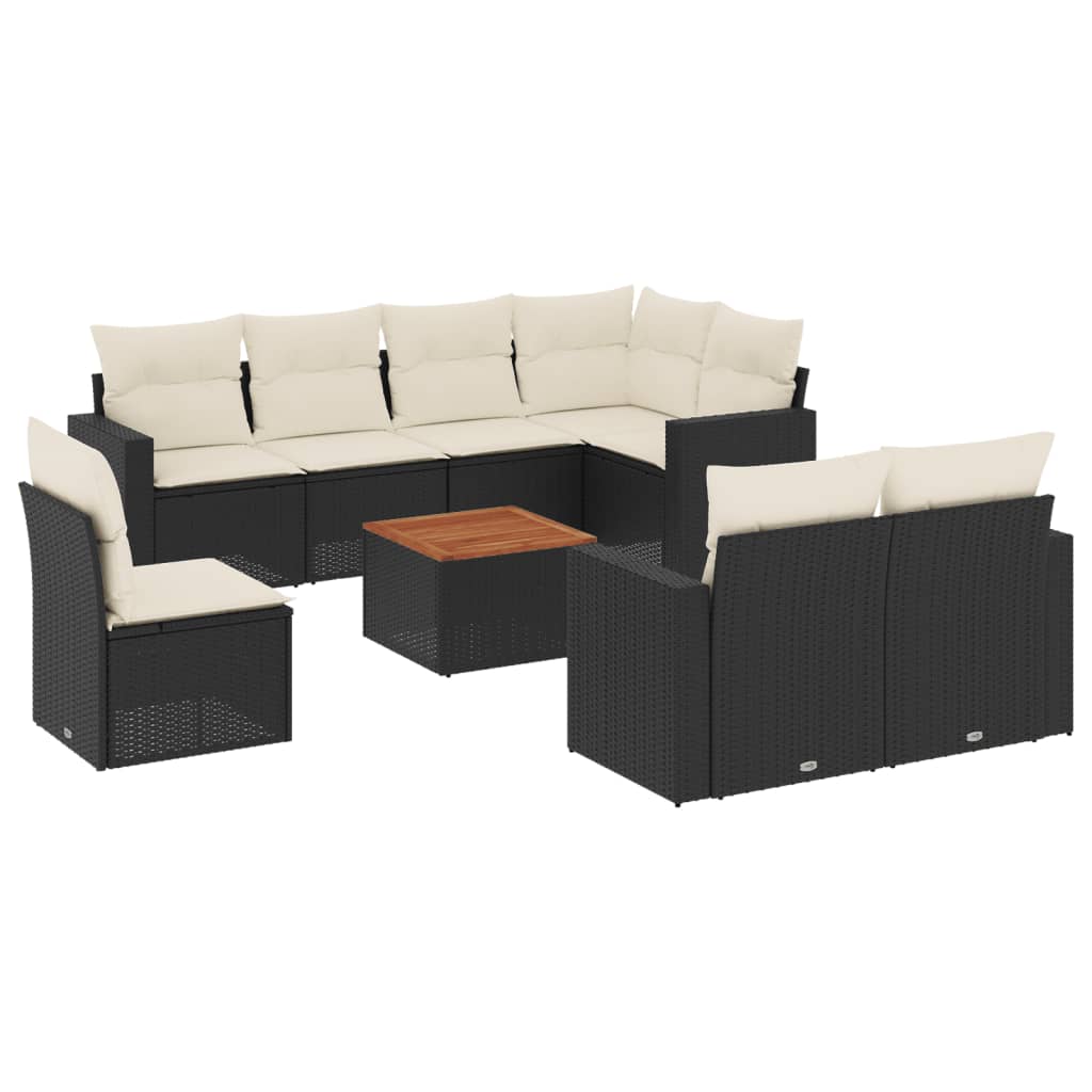 Garden furniture set with cushions, 9 pieces, black, polyrattan