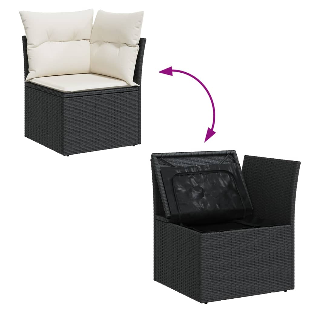 Garden furniture set with cushions, 9 pieces, black, polyrattan