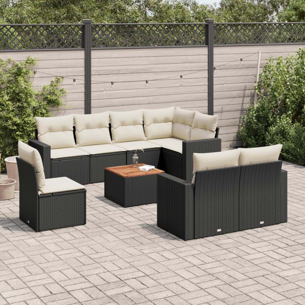 Garden furniture set with cushions, 9 pieces, black, polyrattan