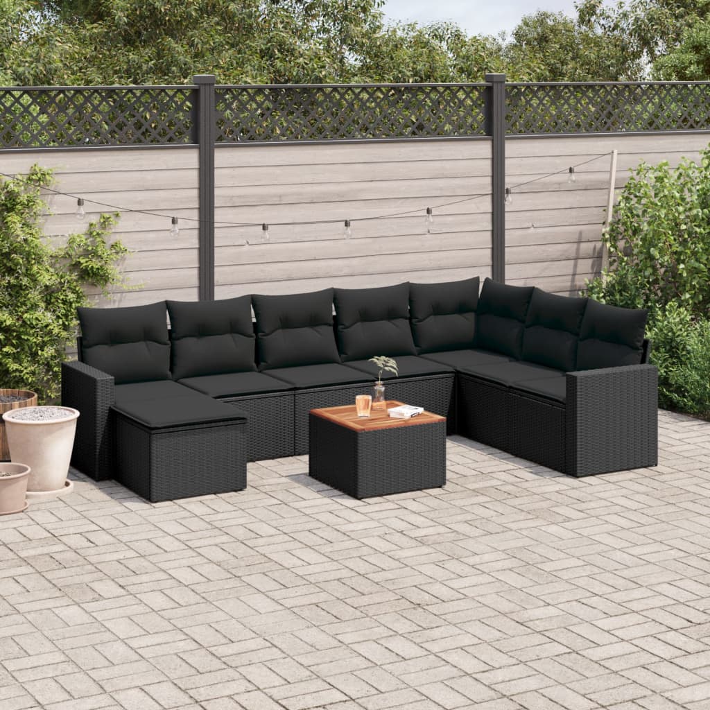 Garden furniture set with cushions, 9 pieces, black, polyrattan