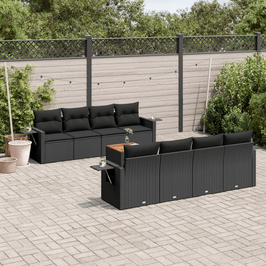 Garden furniture set with cushions, 9 pieces, black, polyrattan