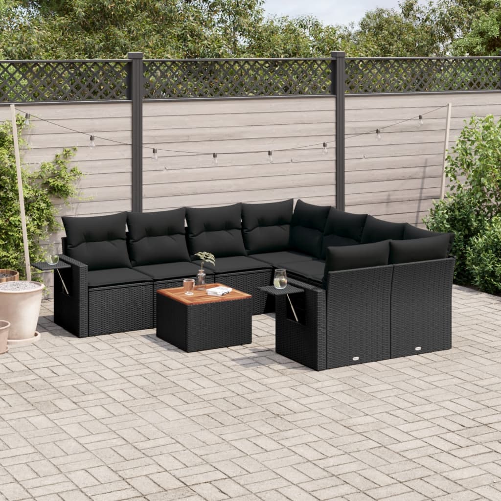 Set mobilier de grădină cu perne, 9 piese, negru, poliratan