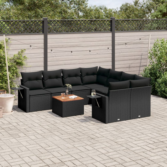 Garden furniture set with cushions, 9 pieces, black, polyrattan