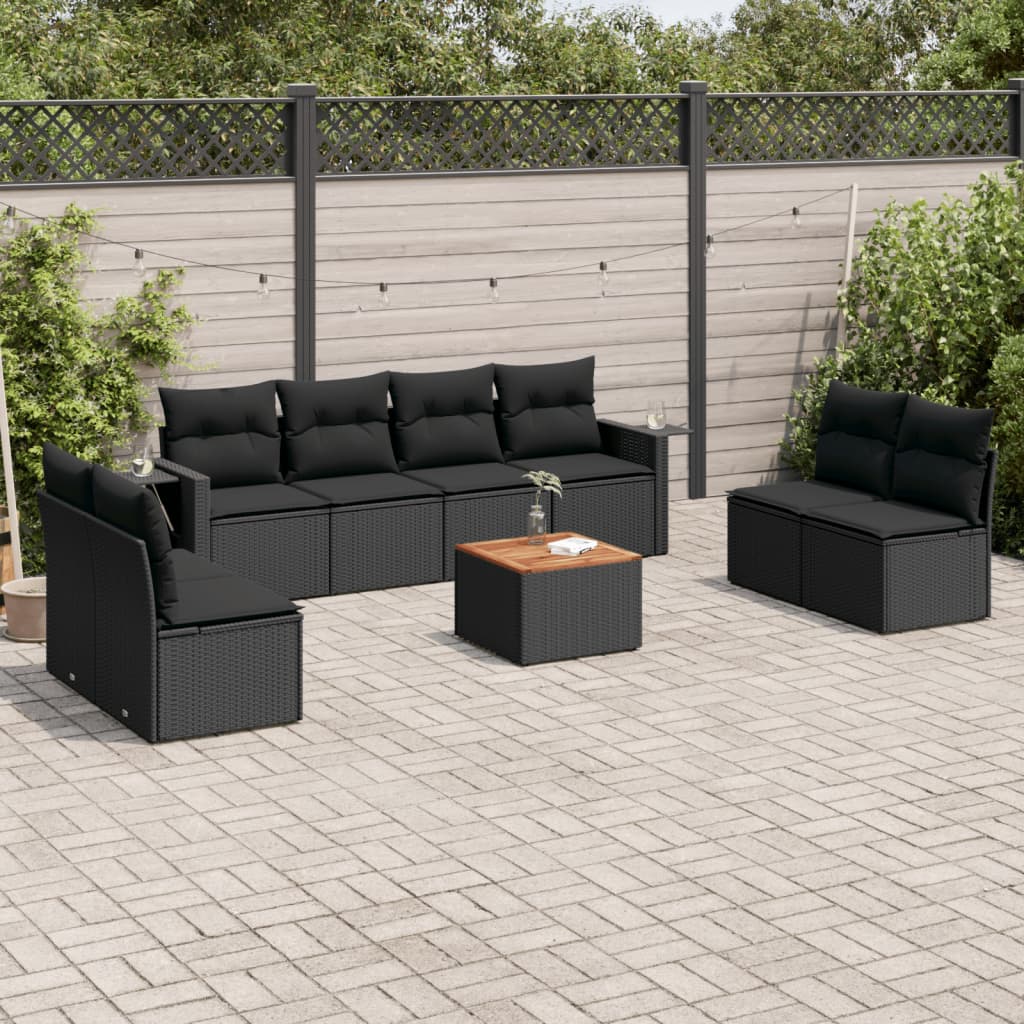 Garden furniture set with cushions, 9 pieces, black, polyrattan