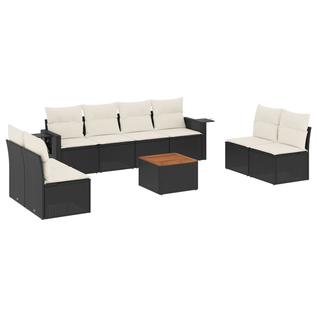 Garden furniture set with cushions, 9 pieces, black, polyrattan