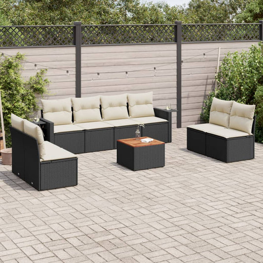 Garden furniture set with cushions, 9 pieces, black, polyrattan