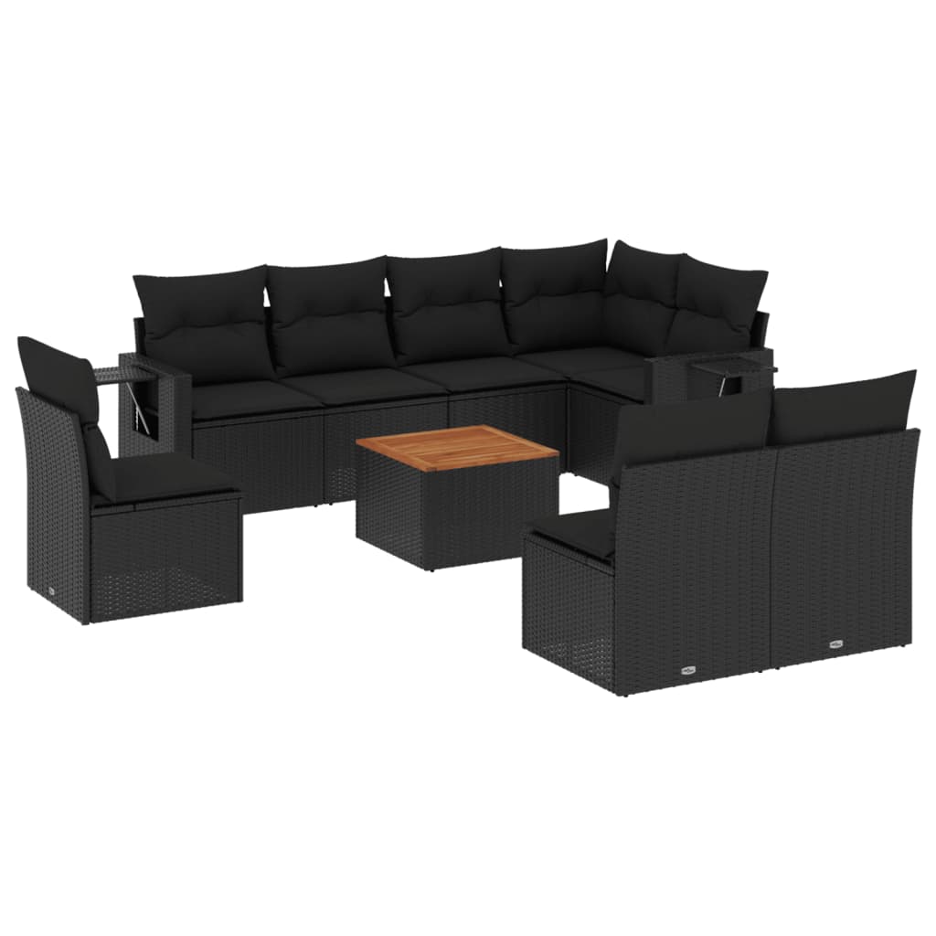 Garden furniture set with cushions, 9 pieces, black, polyrattan