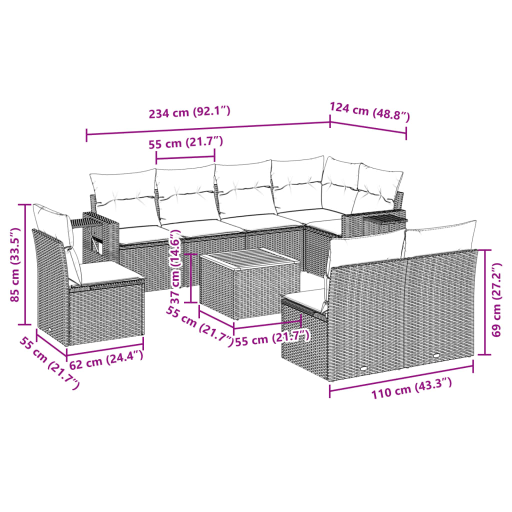 Set mobilier de grădină cu perne, 9 piese, negru, poliratan