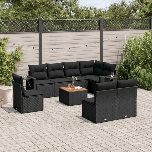 Garden furniture set with cushions, 9 pieces, black, polyrattan