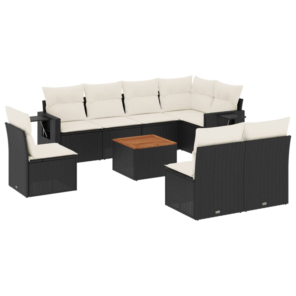 Garden furniture set with cushions, 9 pieces, black, polyrattan