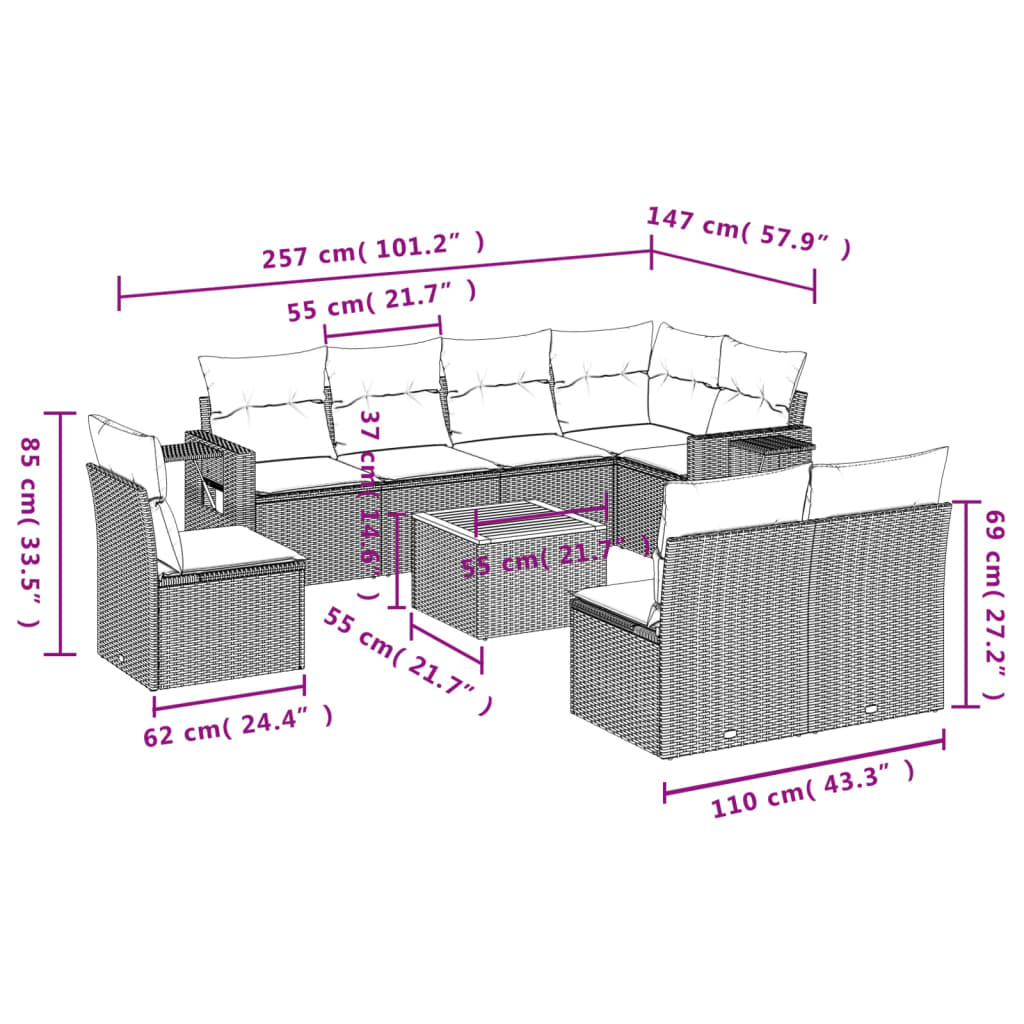 Garden furniture set with cushions, 9 pieces, black, polyrattan