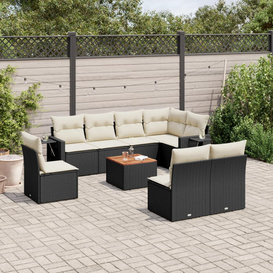 Garden furniture set with cushions, 9 pieces, black, polyrattan