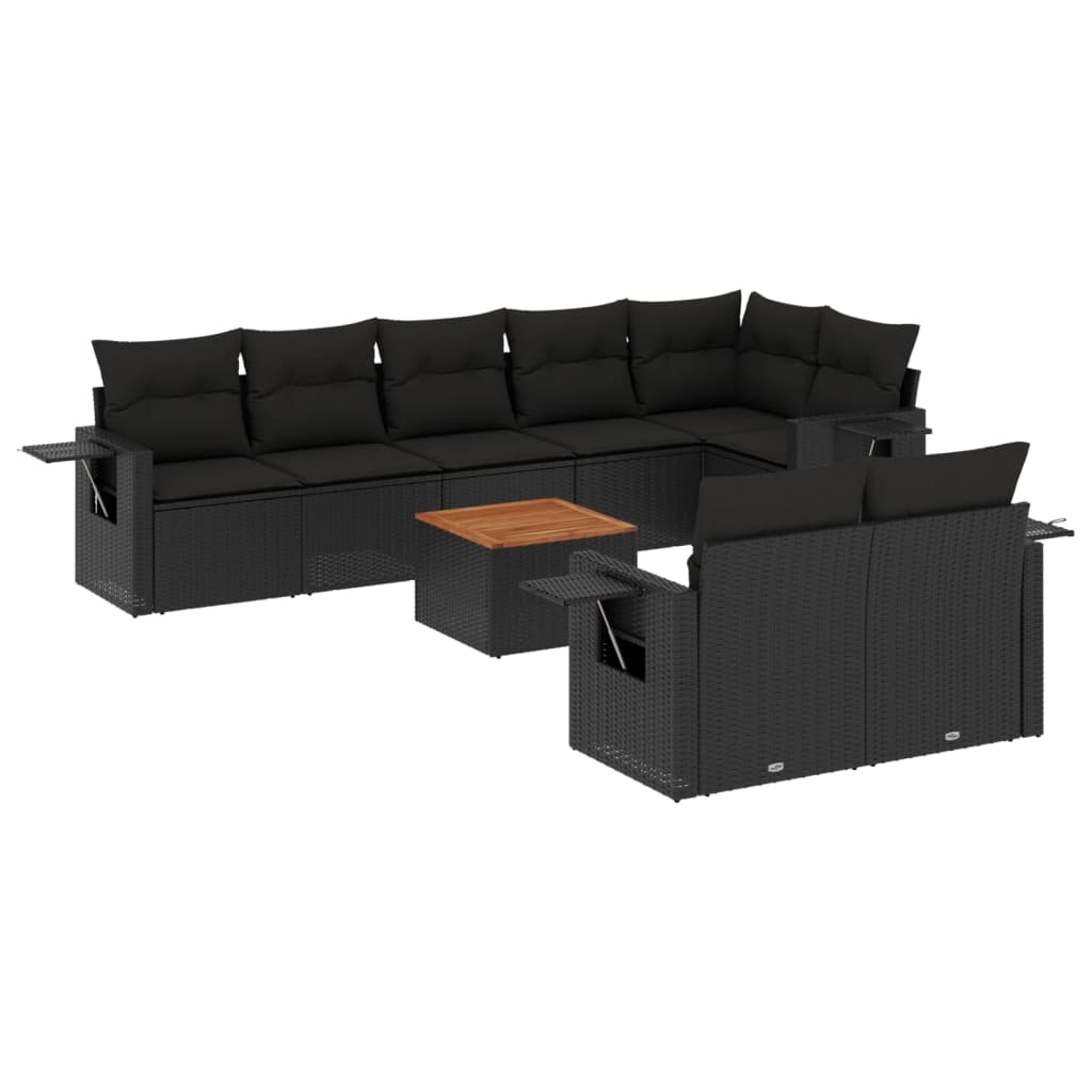 Garden furniture set with cushions, 9 pieces, black, polyrattan