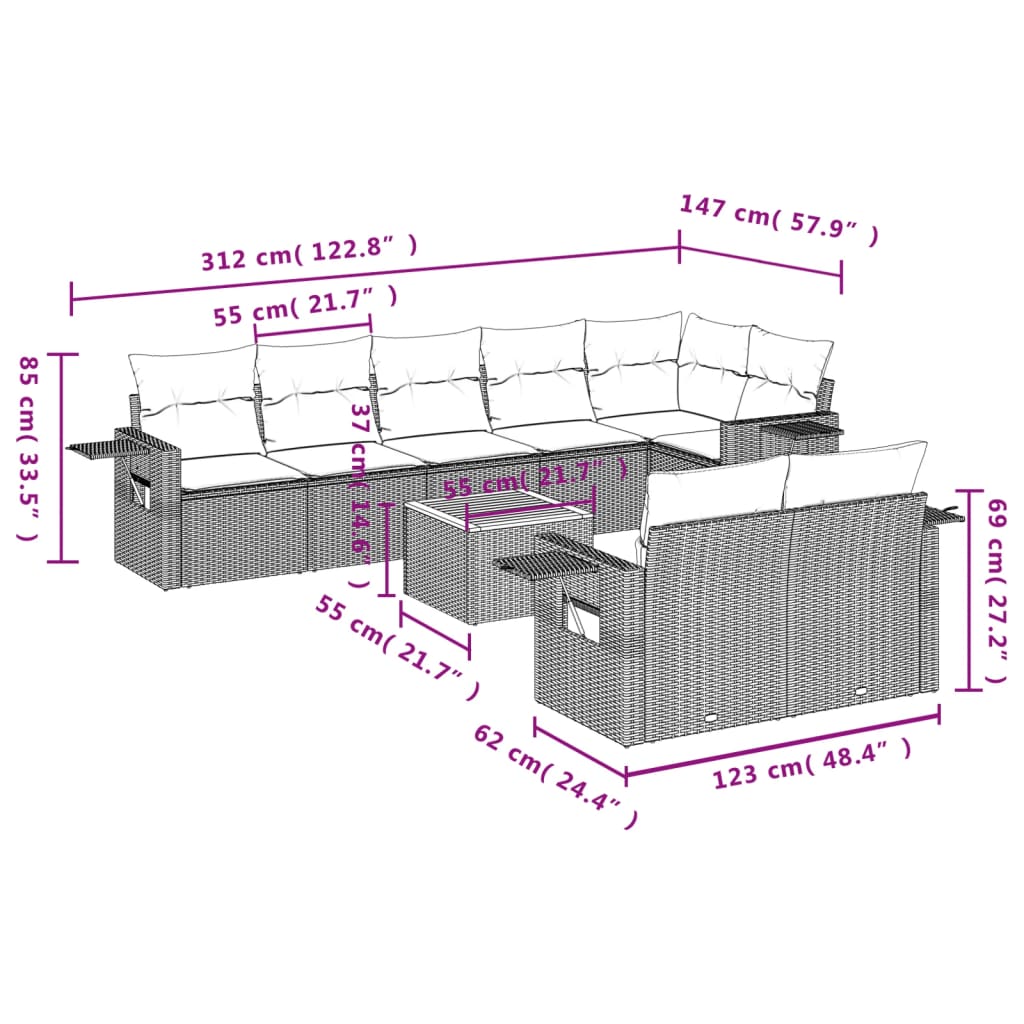 Garden furniture set with cushions, 9 pieces, black, polyrattan