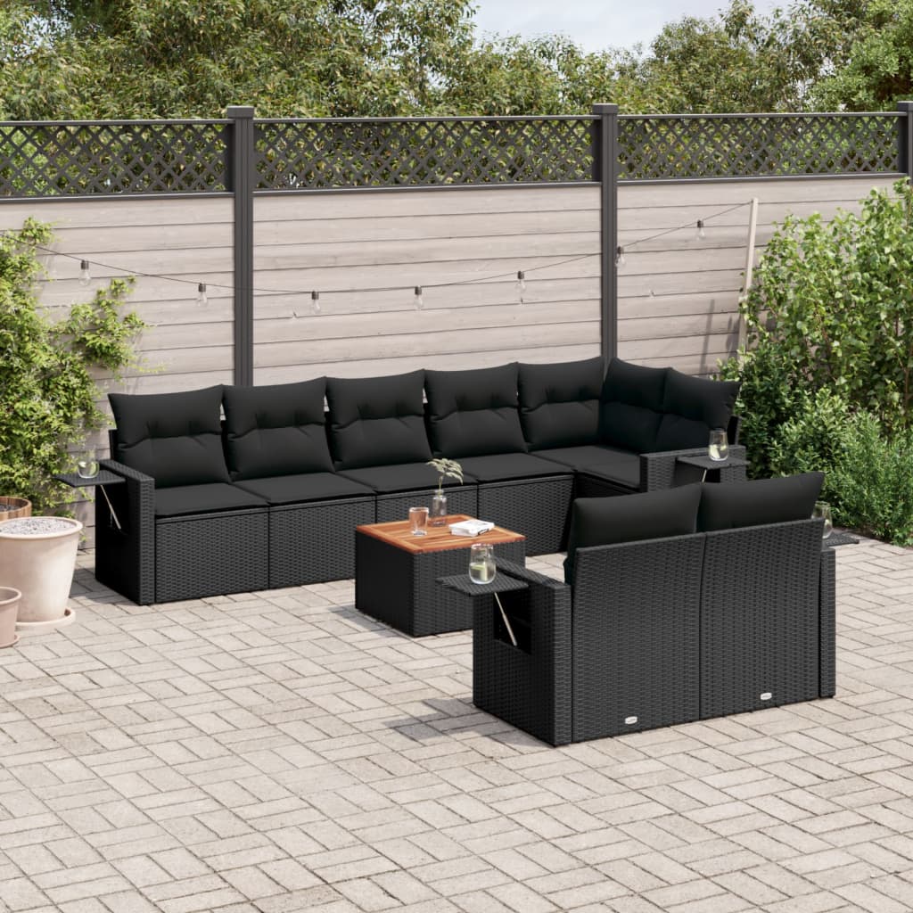 Garden furniture set with cushions, 9 pieces, black, polyrattan