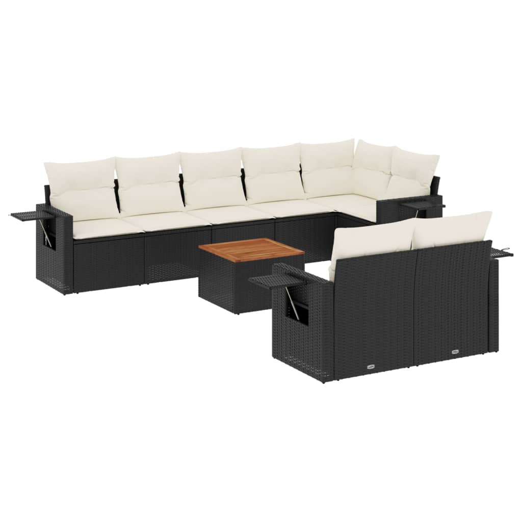 Set mobilier de grădină cu perne, 9 piese, negru, poliratan