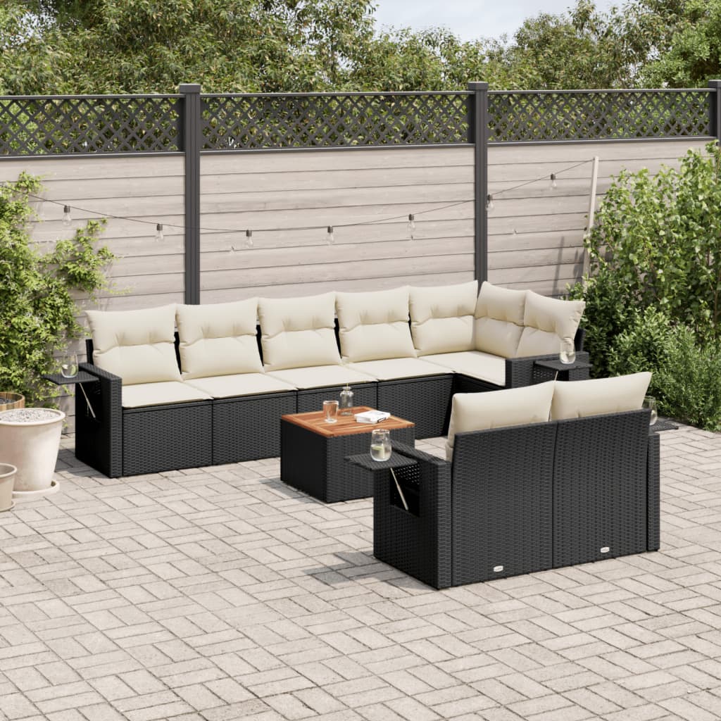 Garden furniture set with cushions, 9 pieces, black, polyrattan