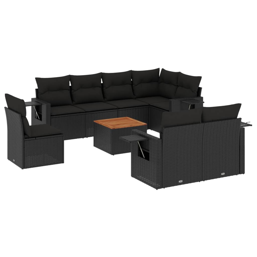 Garden furniture set with cushions, 9 pieces, black, polyrattan