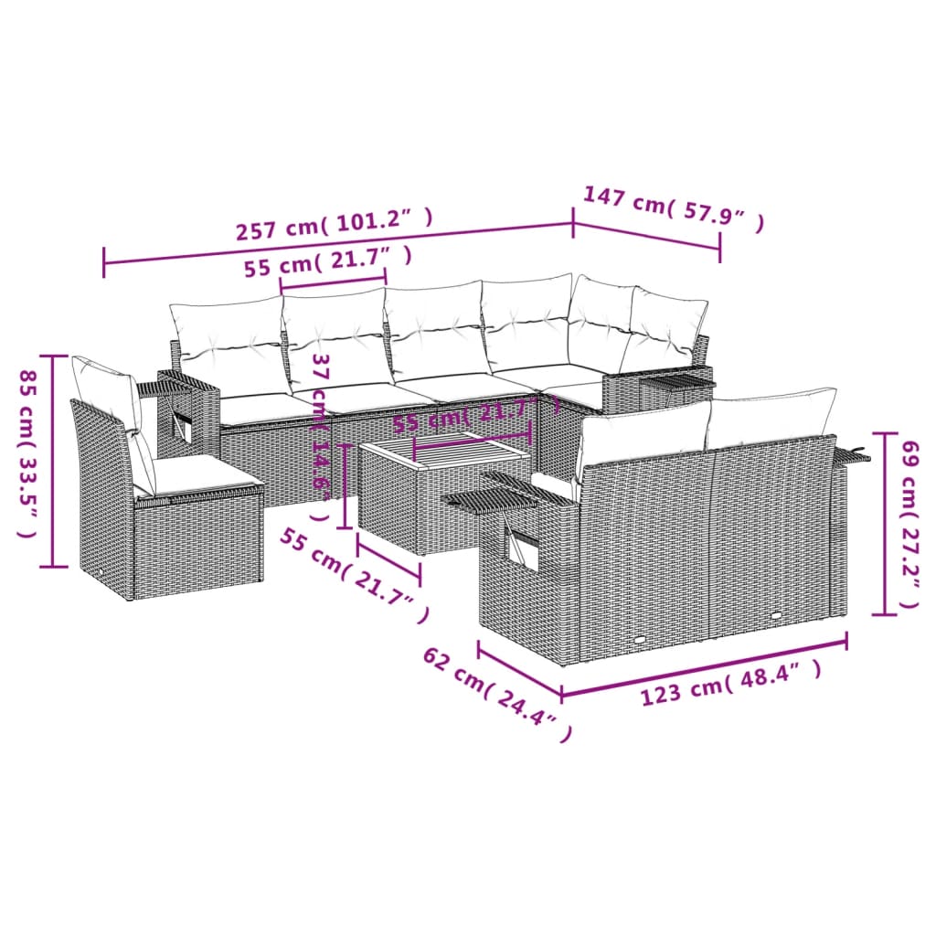 Set mobilier de grădină cu perne, 9 piese, negru, poliratan