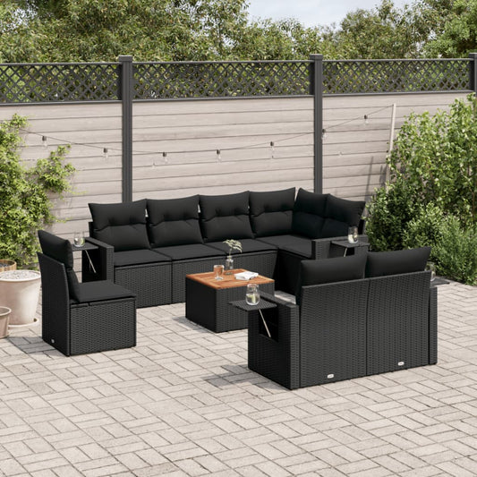 Garden furniture set with cushions, 9 pieces, black, polyrattan