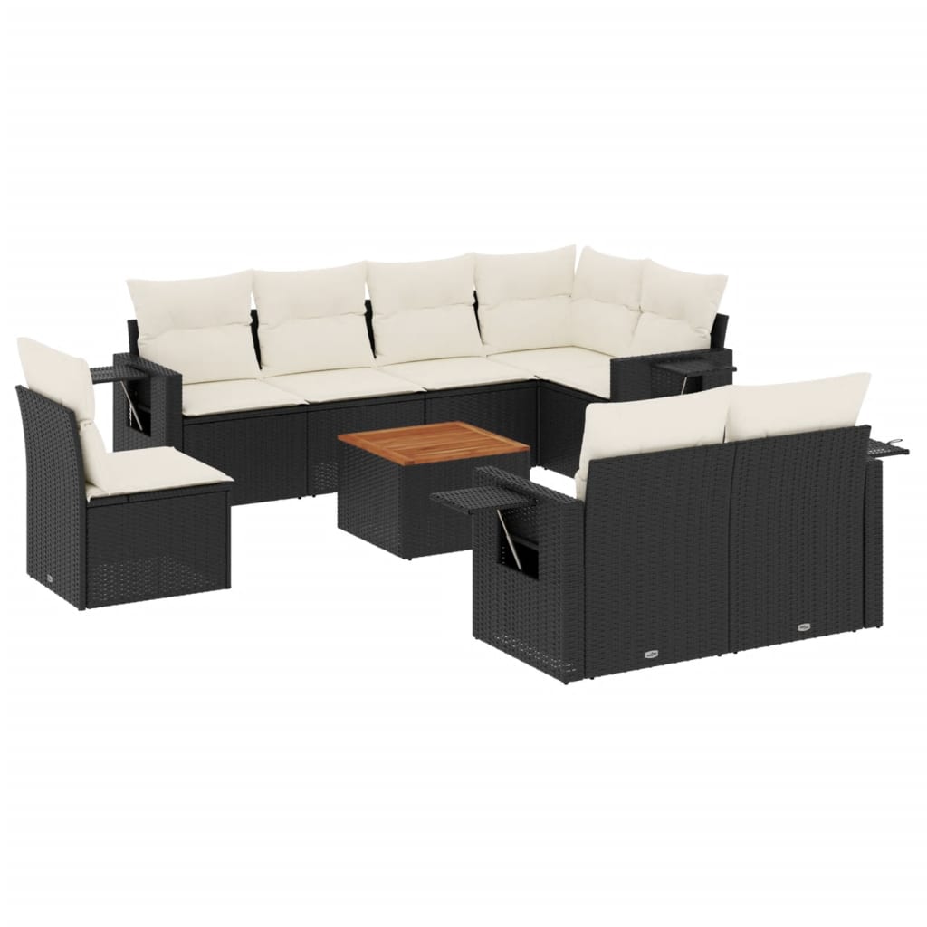 Garden furniture set with cushions, 9 pieces, black, polyrattan