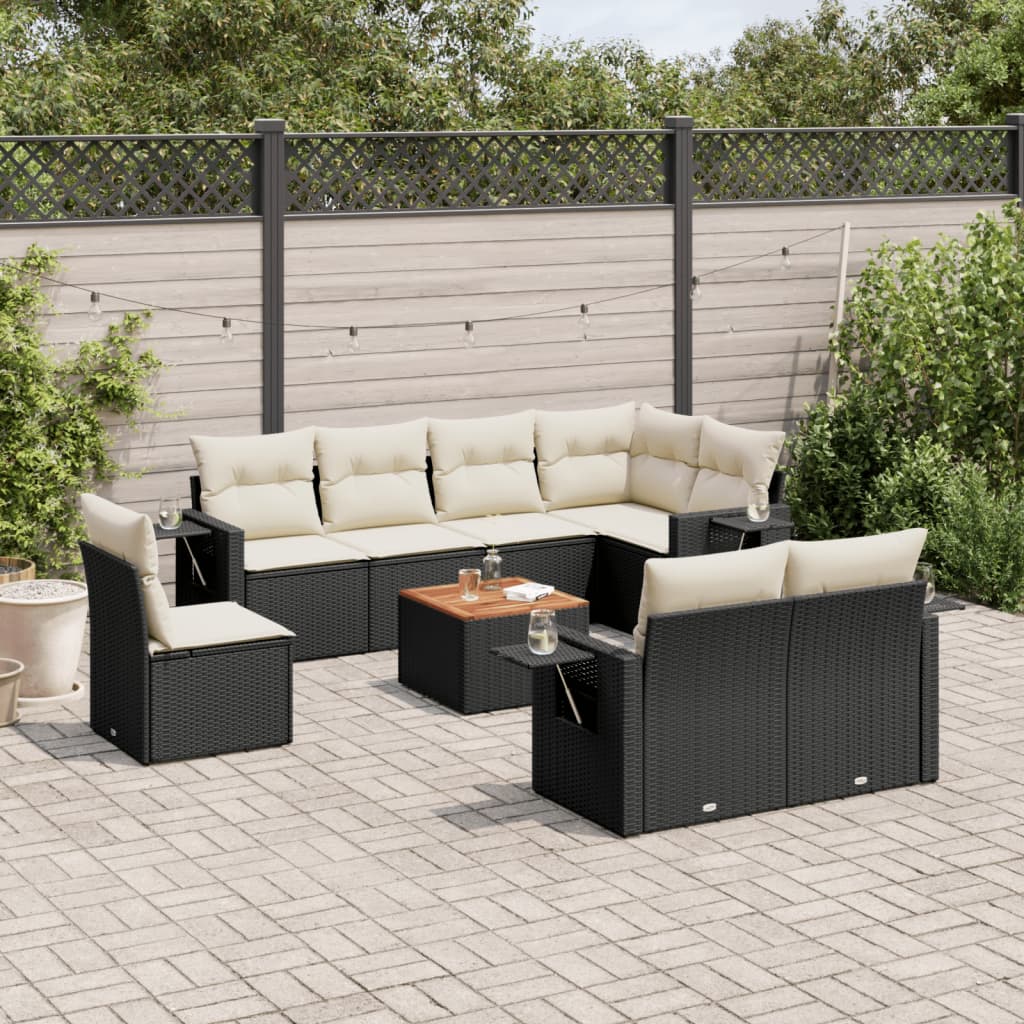 Garden furniture set with cushions, 9 pieces, black, polyrattan