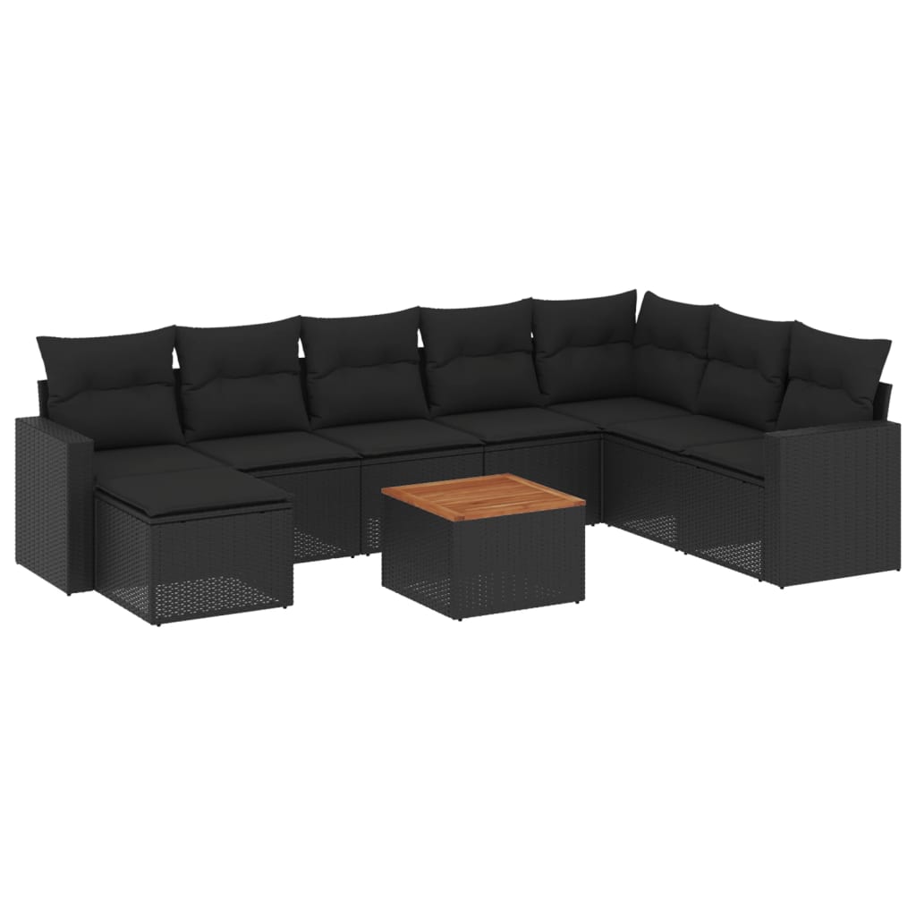 Garden furniture set with cushions, 9 pieces, black, polyrattan