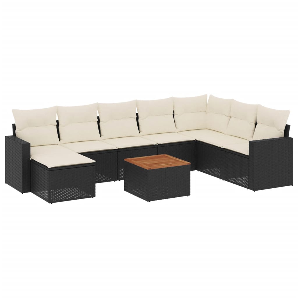 Garden furniture set with cushions, 9 pieces, black, polyrattan