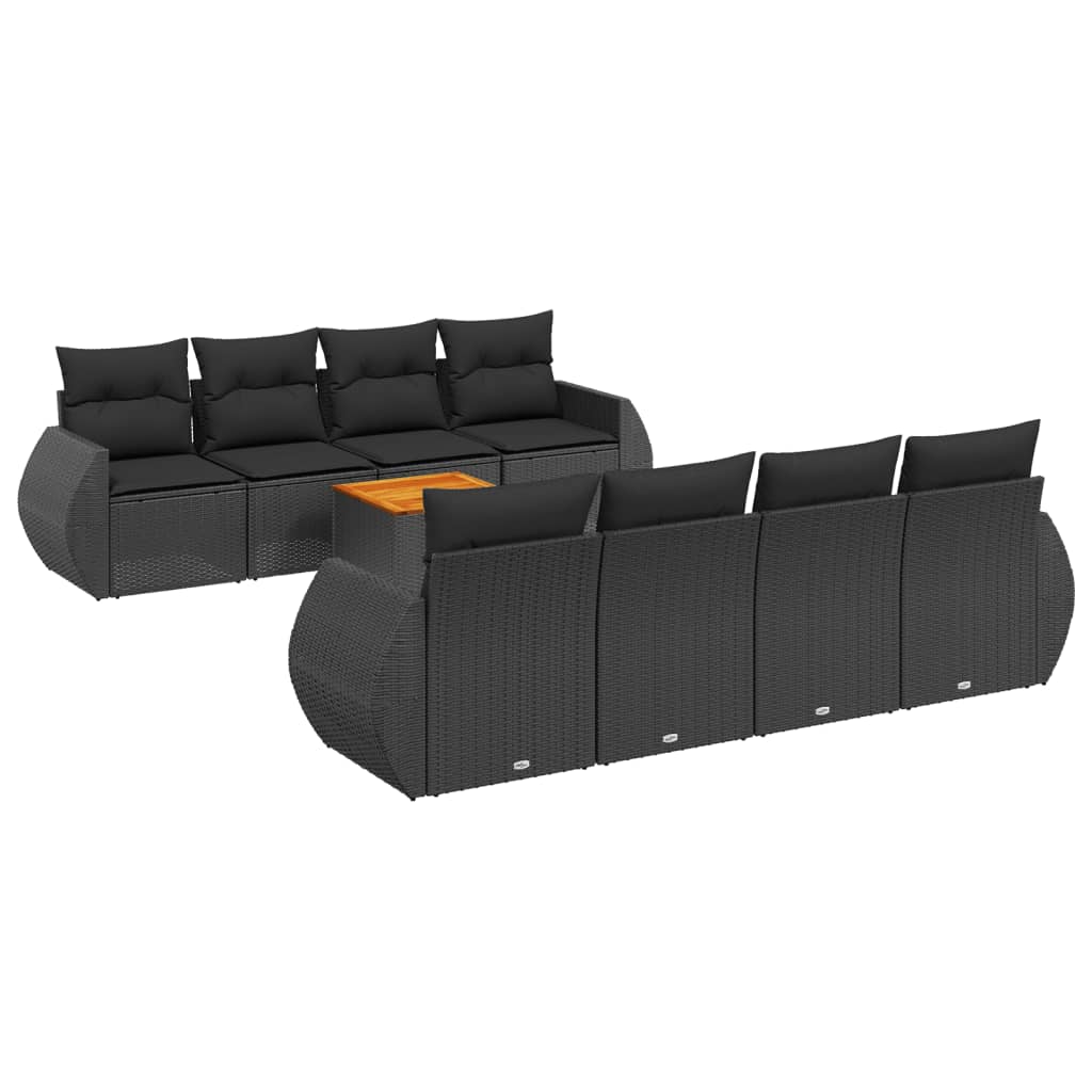 Garden furniture set with cushions, 9 pieces, black, polyrattan