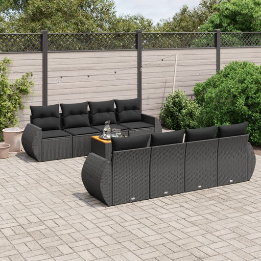 Garden furniture set with cushions, 9 pieces, black, polyrattan