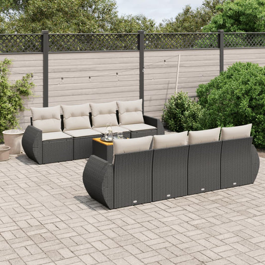 Garden furniture set with cushions, 9 pieces, black, polyrattan