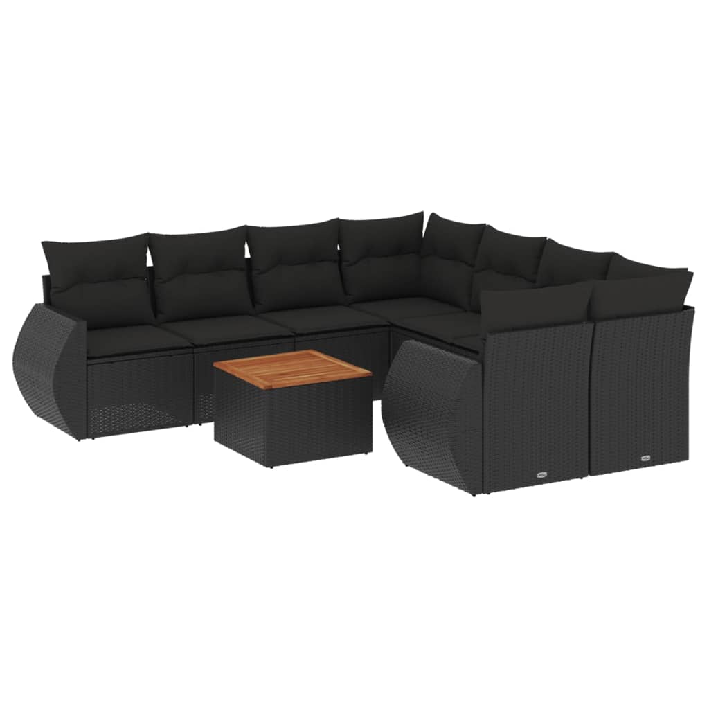 Garden furniture set with cushions, 9 pieces, black, polyrattan