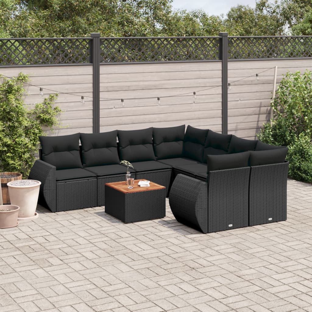 Garden furniture set with cushions, 9 pieces, black, polyrattan