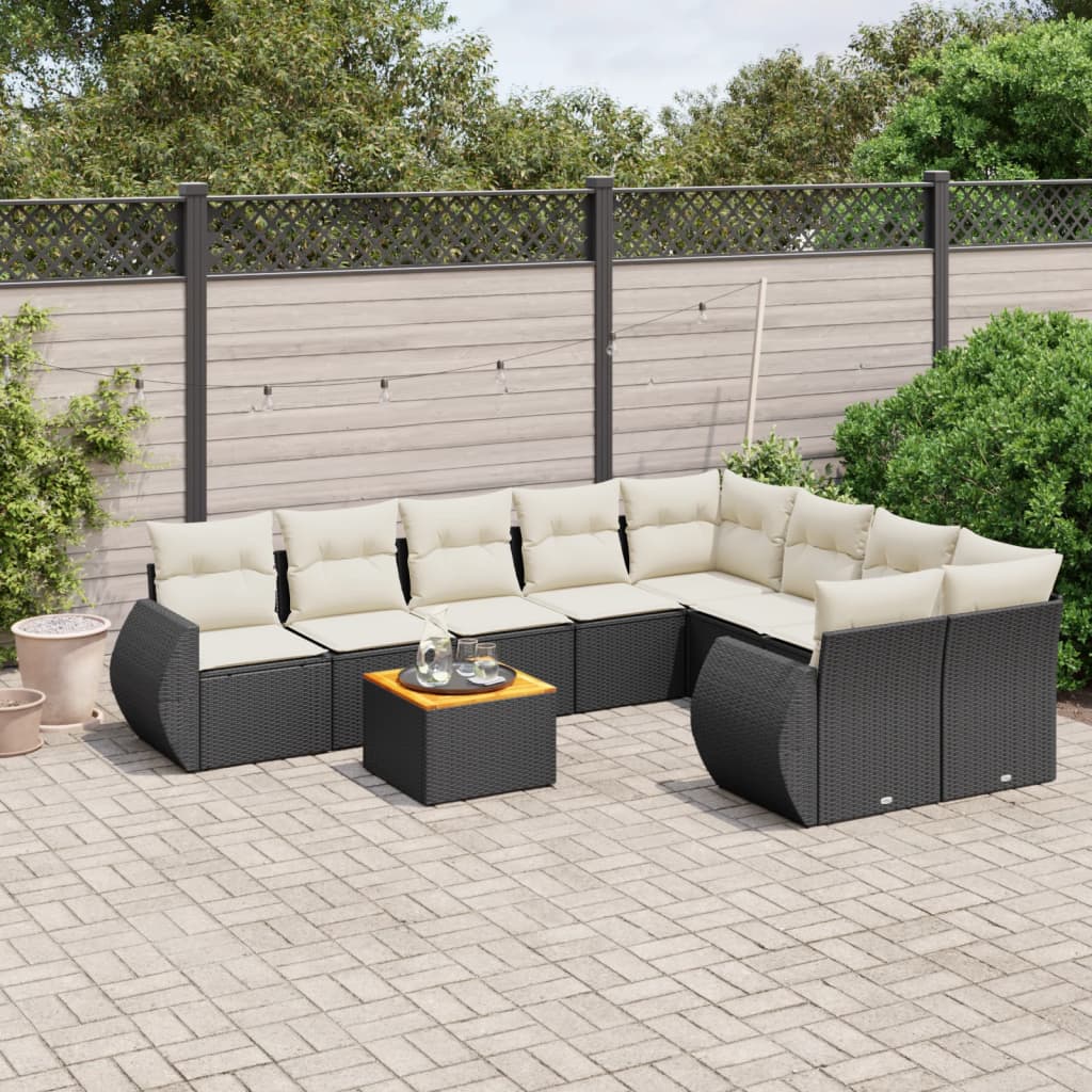 Garden furniture set with cushions, 9 pieces, black, polyrattan