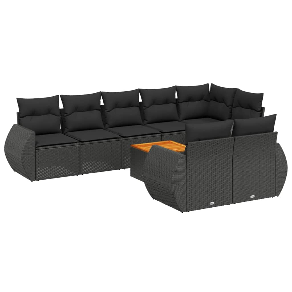 Set mobilier de grădină cu perne, 9 piese, negru, poliratan