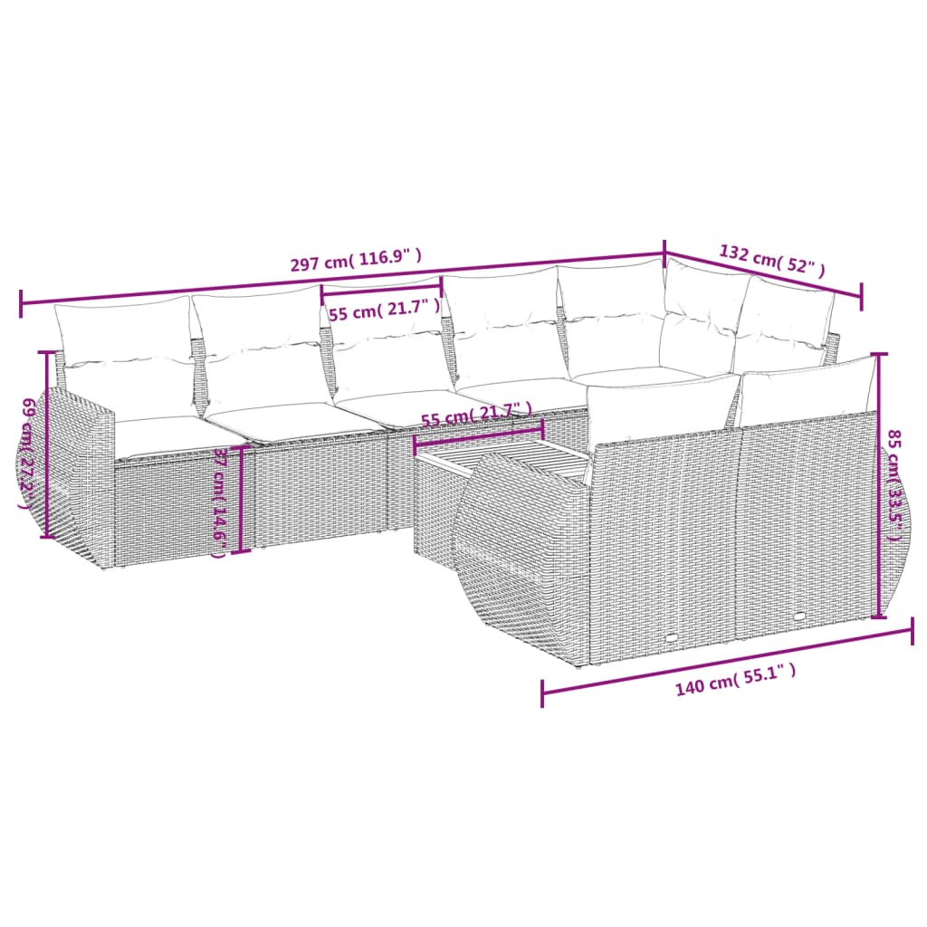 Set mobilier de grădină cu perne, 9 piese, negru, poliratan