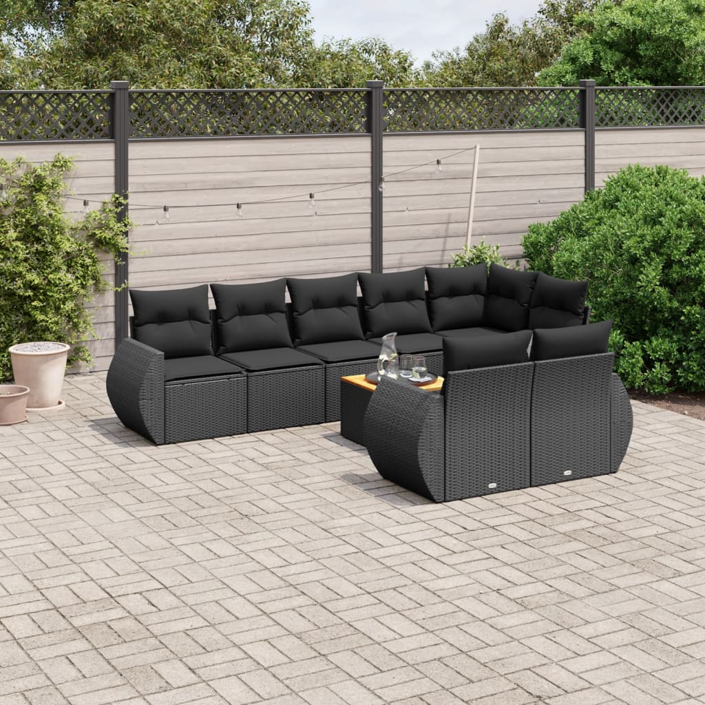 Garden furniture set with cushions, 9 pieces, black, polyrattan