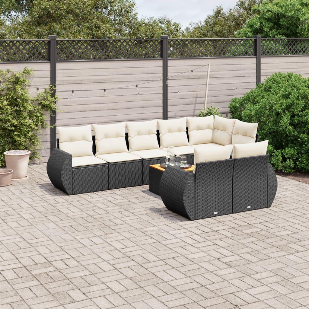 Garden furniture set with cushions, 9 pieces, black, polyrattan