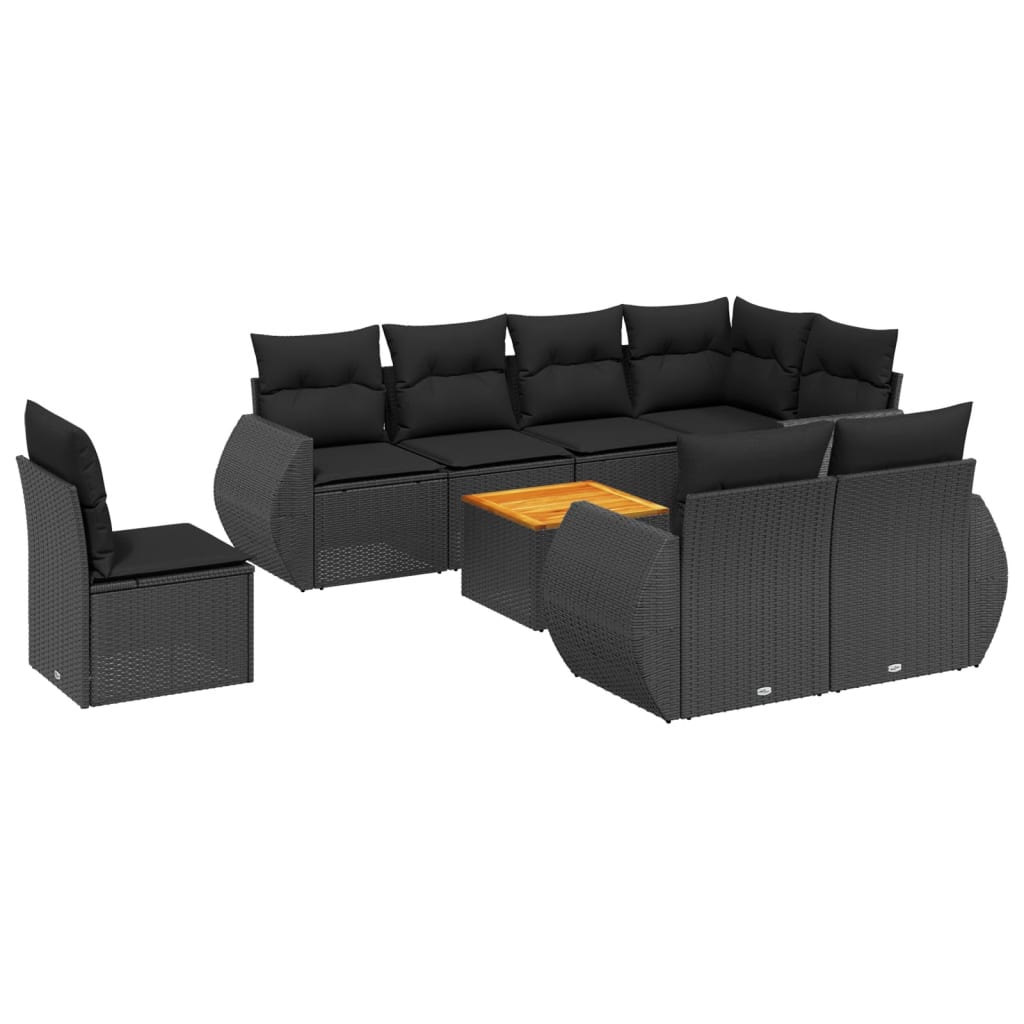 Garden furniture set with cushions, 9 pieces, black, polyrattan