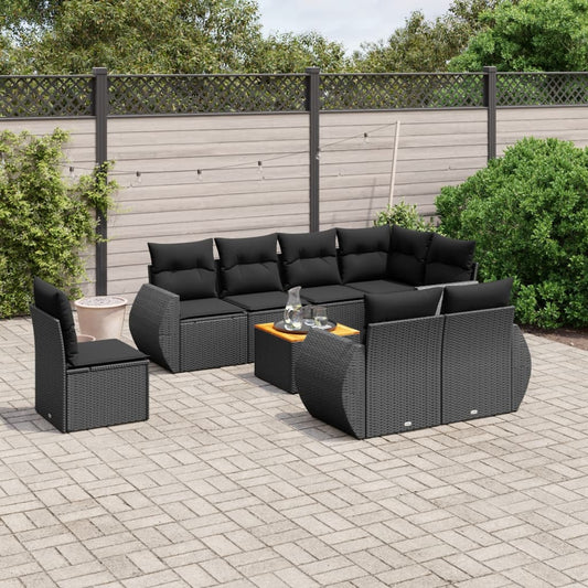 Garden furniture set with cushions, 9 pieces, black, polyrattan