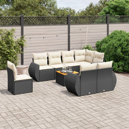 Garden furniture set with cushions, 9 pieces, black, polyrattan