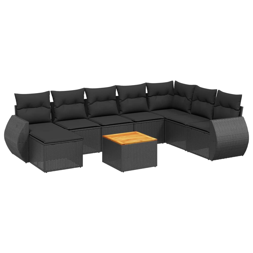 Garden furniture set with cushions, 9 pieces, black, polyrattan