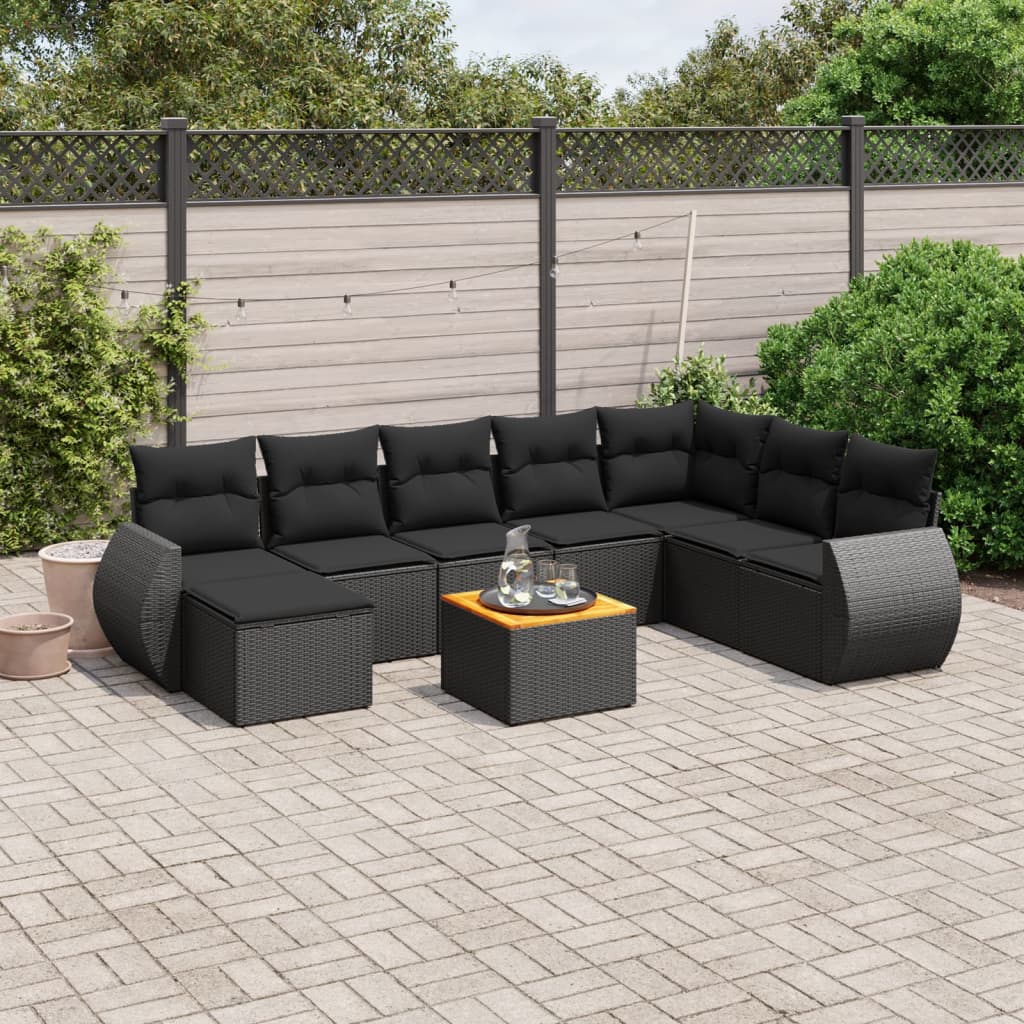 Garden furniture set with cushions, 9 pieces, black, polyrattan