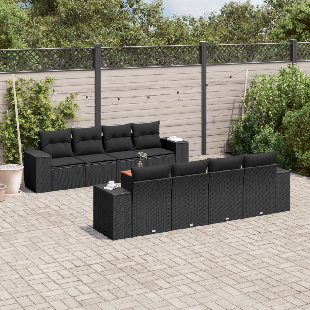 Garden furniture set with cushions, 9 pieces, black, polyrattan