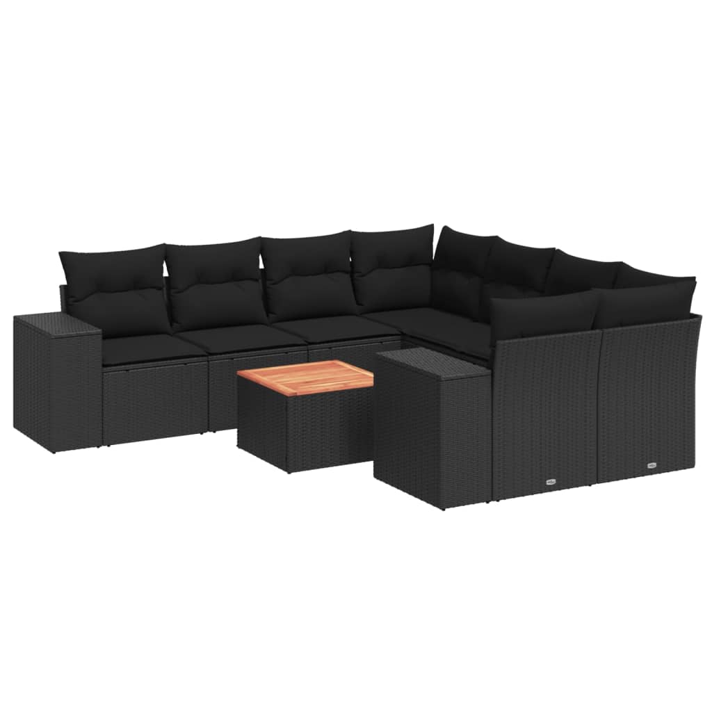 Garden furniture set with cushions, 9 pieces, black, polyrattan