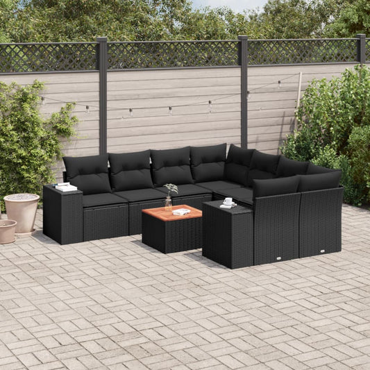 Garden furniture set with cushions, 9 pieces, black, polyrattan