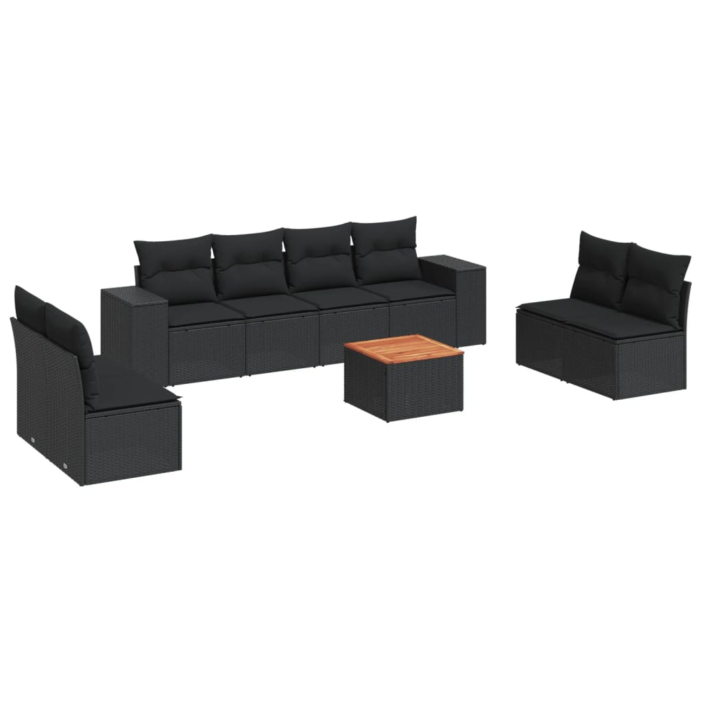 Garden furniture set with cushions, 9 pieces, black, polyrattan